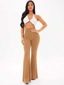 SHEIN SXY Solid Flare Leg Pants - Brown - View 5