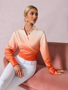 Aveloria Ombre Surplice Neck Ruched Side Wrap Detail Blouse - Orange - View 4