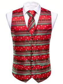 Men's Christmas Print V-Neck Single-Breasted Vest, Suitable For Holiday Party Occasions - Red - View 3
