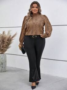SHEIN Clasi Plus Dalmatian Print Mock Neck Lantern Sleeve Blouse - Khaki - View 1