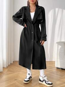 SHEIN EZwear 西裝領腰帶風衣外套 - 黑色 - 查看 5