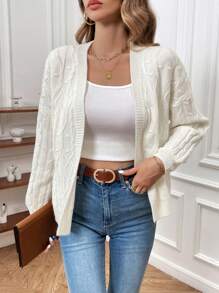 SHEIN Frenchy Cable Knit Drop Shoulder Cardigan - White - View 1