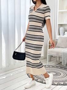 SHEIN EZwear 條紋圖案條紋針織毛衣洋裝 - 米色 - 查看 4