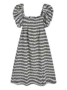 Striped Puff Sleeve Shirred Dress - Grey - View 2
