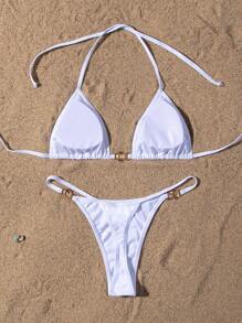 Swim Vcay Summer Beach Ring Linked Halter Triangle Bikini Set - White - View 2
