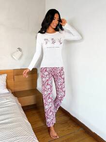EURMUSE Cotton Floral & Slogan Graphic PJ Set - Red and White - View 3