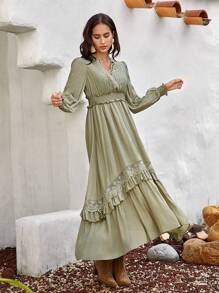 Bohemela Guipure Lace Insert Ruffle Trim Lantern Sleeve Dress - Army Green - View 5