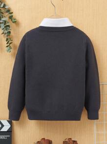 SHEIN Young Boy Cartoon Pattern Sweater Without Shirt,In Fall/Winter - Dark Grey - View 2