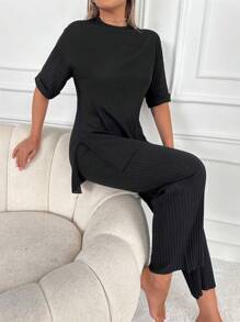 RueChic Solid Drop Shoulder Tee & Trousers - Black - View 4