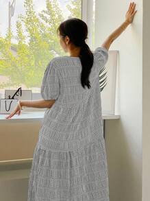 DAZY Gingham Print Puff Sleeve Dress - Grey - View 2