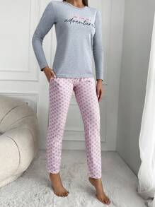 RueChic Conjunto de pijama de Camiseta con estampado de eslogan 100% algodón y Pantalones con estampado de lunares - Gris - Ver 3