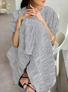 DAZY Gingham Print Puff Sleeve Dress - Grey - View 5