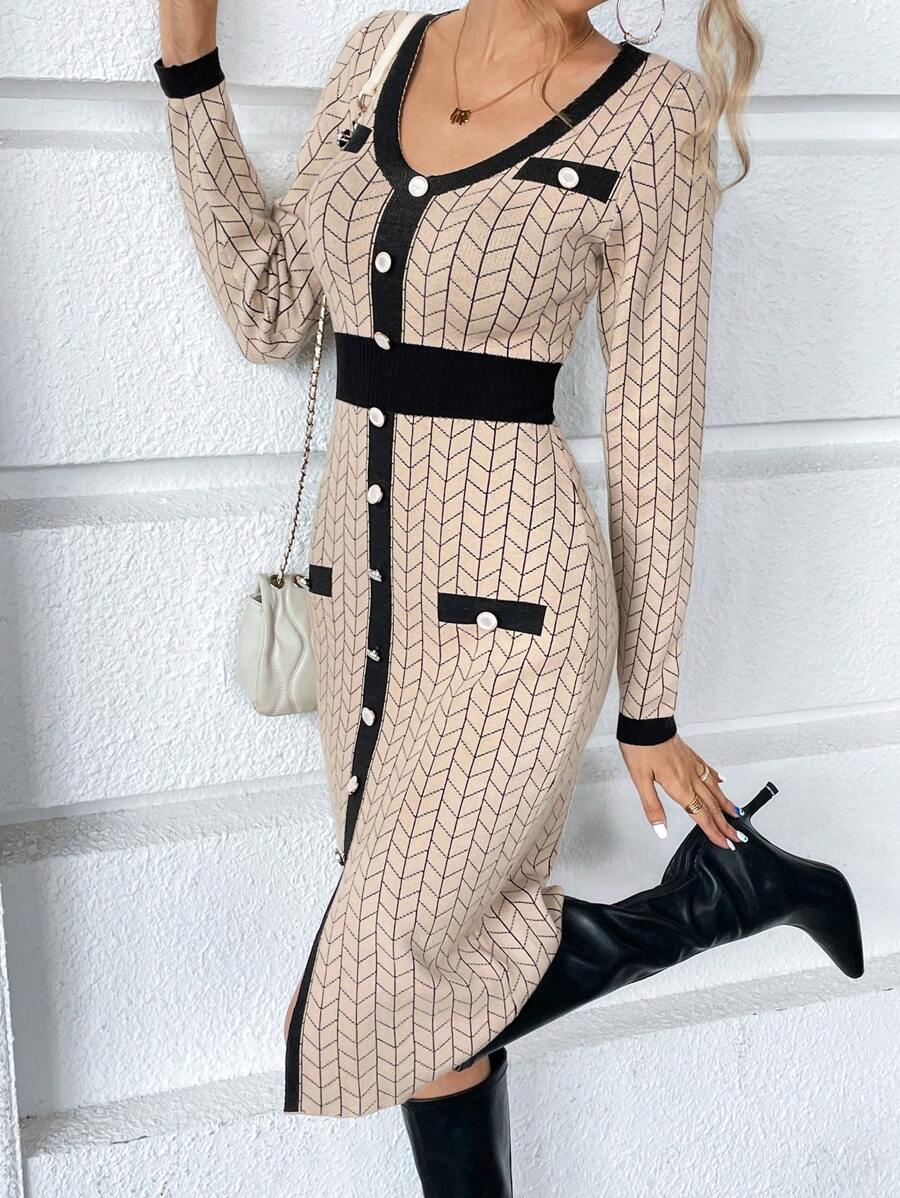 SHEIN Privé Contrast Trim Button Detail Sweater Dress - Multicolor - View 1