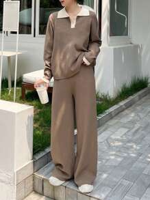 DAZY Contrast Polo Neck Drop Shoulder Sweater & Knit Pants Fall - Khaki - View 3