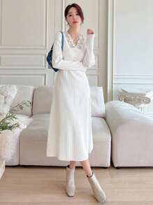 DAZY Contrast Lace Ribbed Knit A-line Sweater Dress - White - View 1