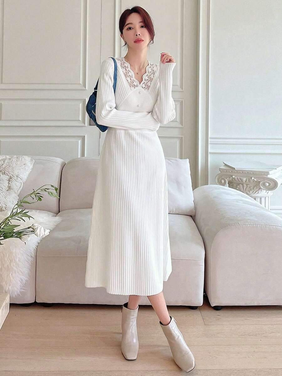 DAZY Contrast Lace Ribbed Knit A-line Sweater Dress - White - View 1