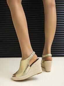 Women's Gold Wedge Heeled Platform Sandals - Gold - View 3