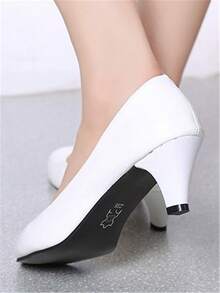 Zapatos de trabajo profesionales con puntera redonda y tacón grueso, tacones altos de moda para mujeres, bailarinas casuales de talla baja adecuadas para todas las estaciones - Blanco - Ver 2