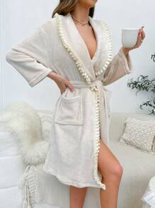 Viền rìa Thắt lưng Flannel ÁO choàng mặc nhà - Màu be - Xem 5