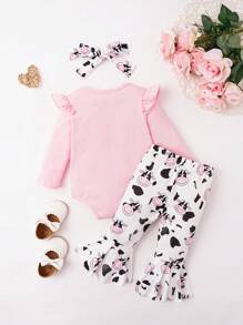 SHEIN 女嬰奶牛&標語圖案荷葉邊連身背心&喇叭褲＆ 頭巾 - 彩色 - 查看 2