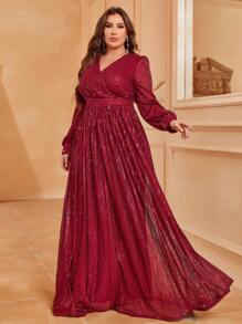 Faeriesty Plus Surplice Neck Lantern Sleeve Sequin Formal Dress - Burgundy - View 1
