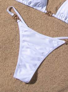 Swim Vcay Summer Beach Ring Linked Halter Triangle Bikini Set - White - View 4
