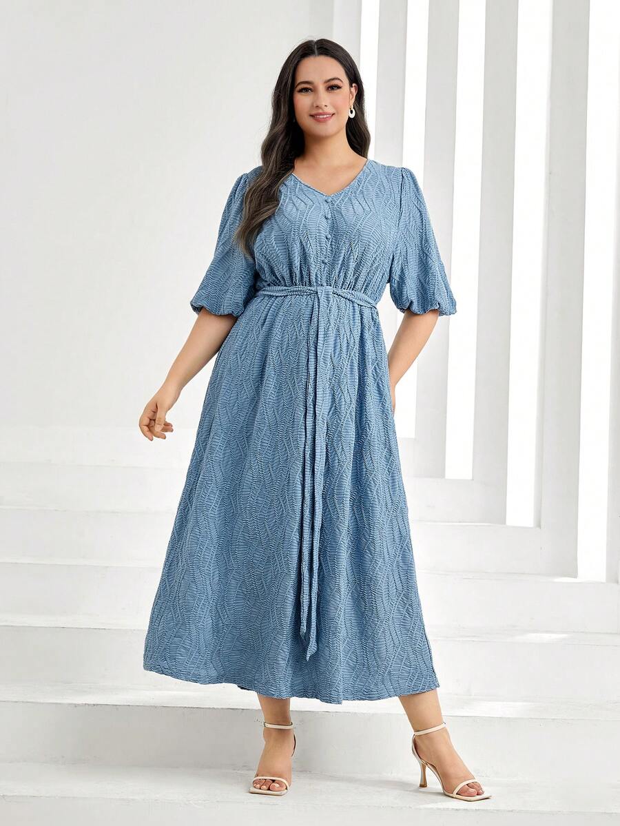 Mulvari Hơn Ống tay áo Váy có thắt lưng - Màu xanh bụi bặm - Xem 1