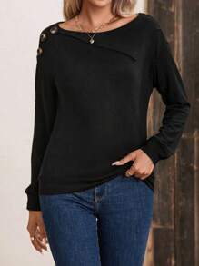 EMERY ROSE Button Detail Drop Shoulder Sweatshirt Pullover Fall Sweatshirt - Black - View 4