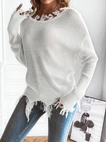 SHEIN Essnce 落肩袖毛邊緣套頭毛衣 - 白色 - 查看 5