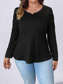 SHEIN LUNE 大碼素色泡泡袖T恤 - 黑色 - 查看 4