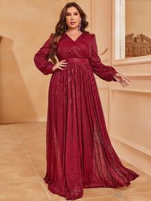 Faeriesty Plus Surplice Neck Lantern Sleeve Sequin Formal Dress - Burgundy - View 6