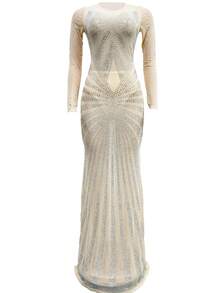 Women's Mesh Sheer Sparkling Rhinestone Long Sleeve Fishtail Floor Slim Fit Maxi Dresses Gowns Festival - Apricot - View 4