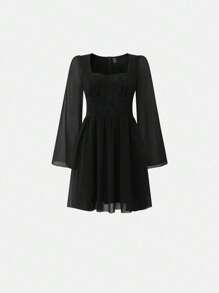 SHEIN Unity Contrast Mesh Sweetheart Neck Trumpet Sleeve Dress - Black - View 1