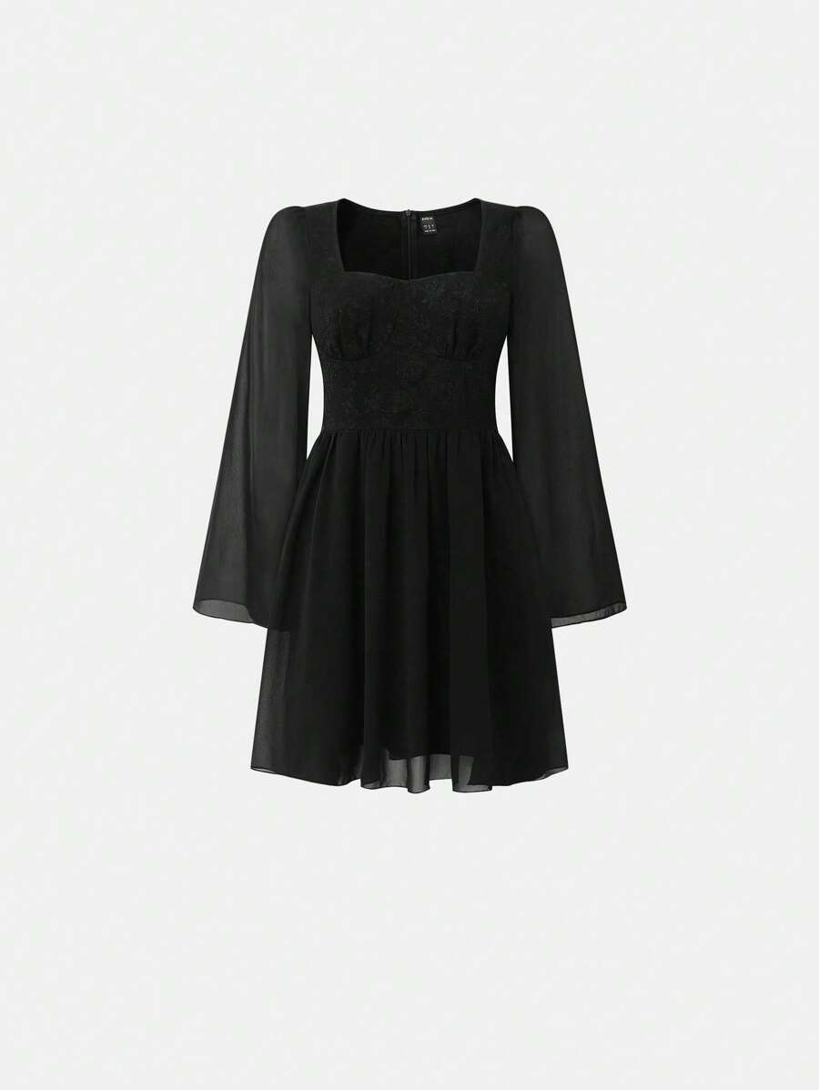 SHEIN Unity Contrast Mesh Sweetheart Neck Trumpet Sleeve Dress - Black - View 1