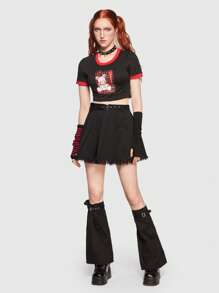 Elena Ilustra 卡通圖案撞色滾邊短款T恤 - 黑色 - 查看 2