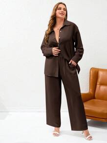 SHEIN Essnce 大碼素色前紐扣襯衫&闊腿褲 - 巧克力棕 - 查看 6