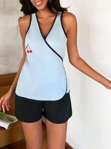 RueChic Cherry Print Contrast Binding Lounge Set - Blue - View 3