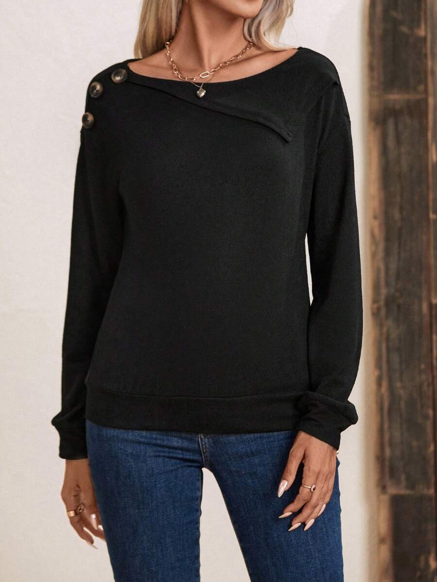 EMERY ROSE Button Detail Drop Shoulder Sweatshirt Pullover Fall Sweatshirt - Black - View 1