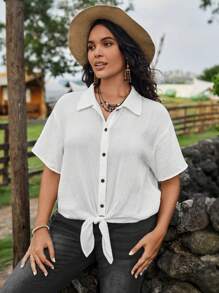 SHEIN VCAY Plus Solid Button Front Knot Hem Shirt - White - View 1