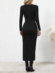 INAWLY Cut Out Split Thigh Dress Fall Cloth For Women - Black - View 2