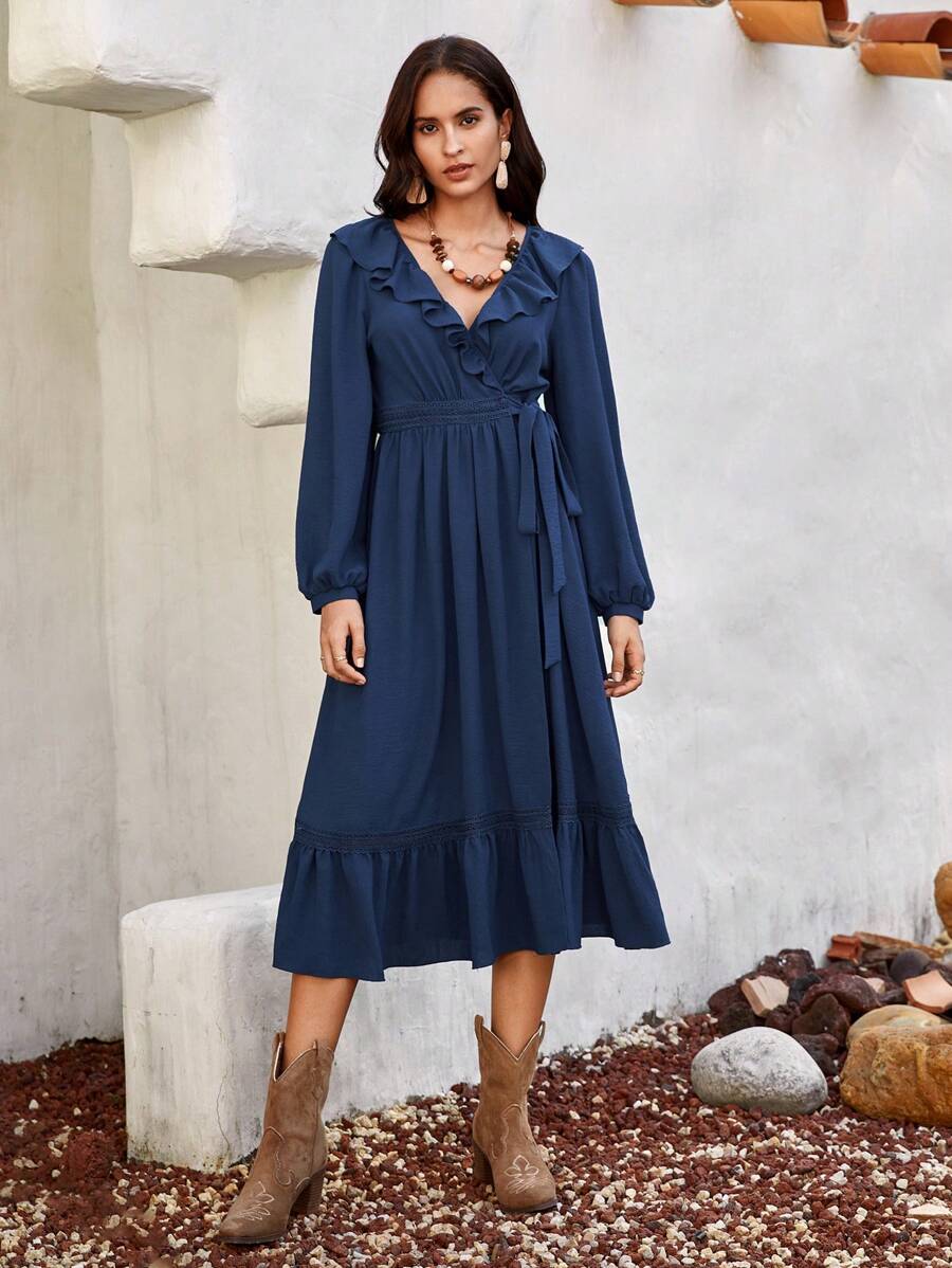 Bohemela Ruffle Trim Ruffle Hem Dress - Blue - View 1