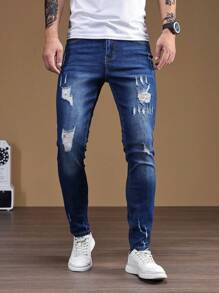 Manfinity Homme Men Ripped Frayed Bleach Wash Skinny Jeans - Dark Wash - View 7