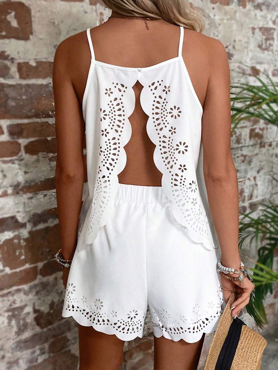 Breezaya Hollow Cut Scallop Trim Split Back Cami Top & Shorts