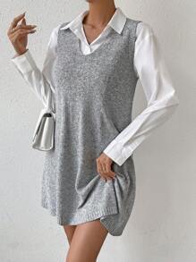 SHEIN LUNE 素色V領毛衣洋裝 - 灰色 - 查看 6