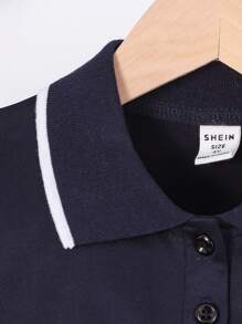 SHEIN 年輕女孩學院風心形印花撞色條紋馬球領公主長袖洋裝適合派對休閒運動返校春秋季 - 藏蓝色 - 查看 6