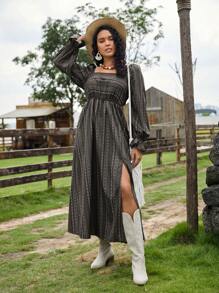 SHEIN VCAY Plus Geo & Striped Print Square Neck Flare Sleeve Split Thigh Dress - Multicolor - View 6