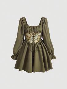 SHEIN MOD 印花前繫帶喇叭袖連衣裙 - 軍綠色 - 查看 1