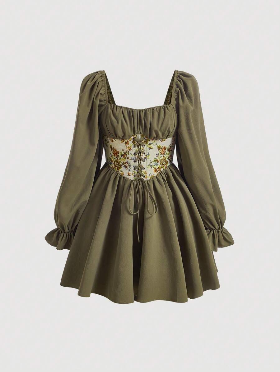SHEIN MOD 印花前繫帶喇叭袖連衣裙 - 軍綠色 - 查看 1