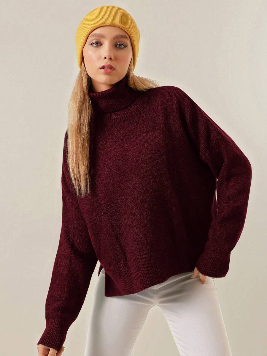 EURMUSE Solid Turtleneck Drop Shoulder Sweater - Burgundy - View 1
