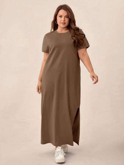 SHEIN BASICS Plus Solid Tee Dress/ Summer/ Summer Dress